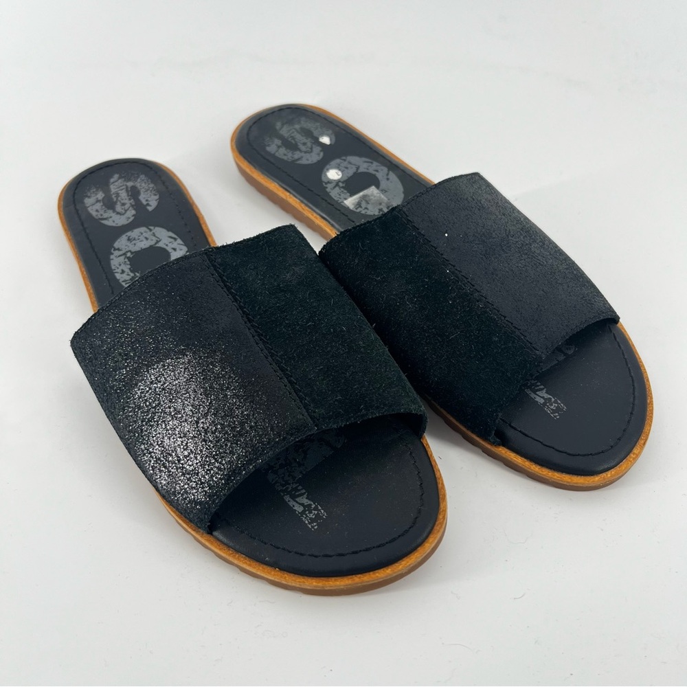 Sorel Ella Block Slide Sandals - Black Suede Leather Upper - Size 9.5 - EUC